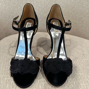 Badgley Mischka Black T-Strap Heels with Floral Accent
